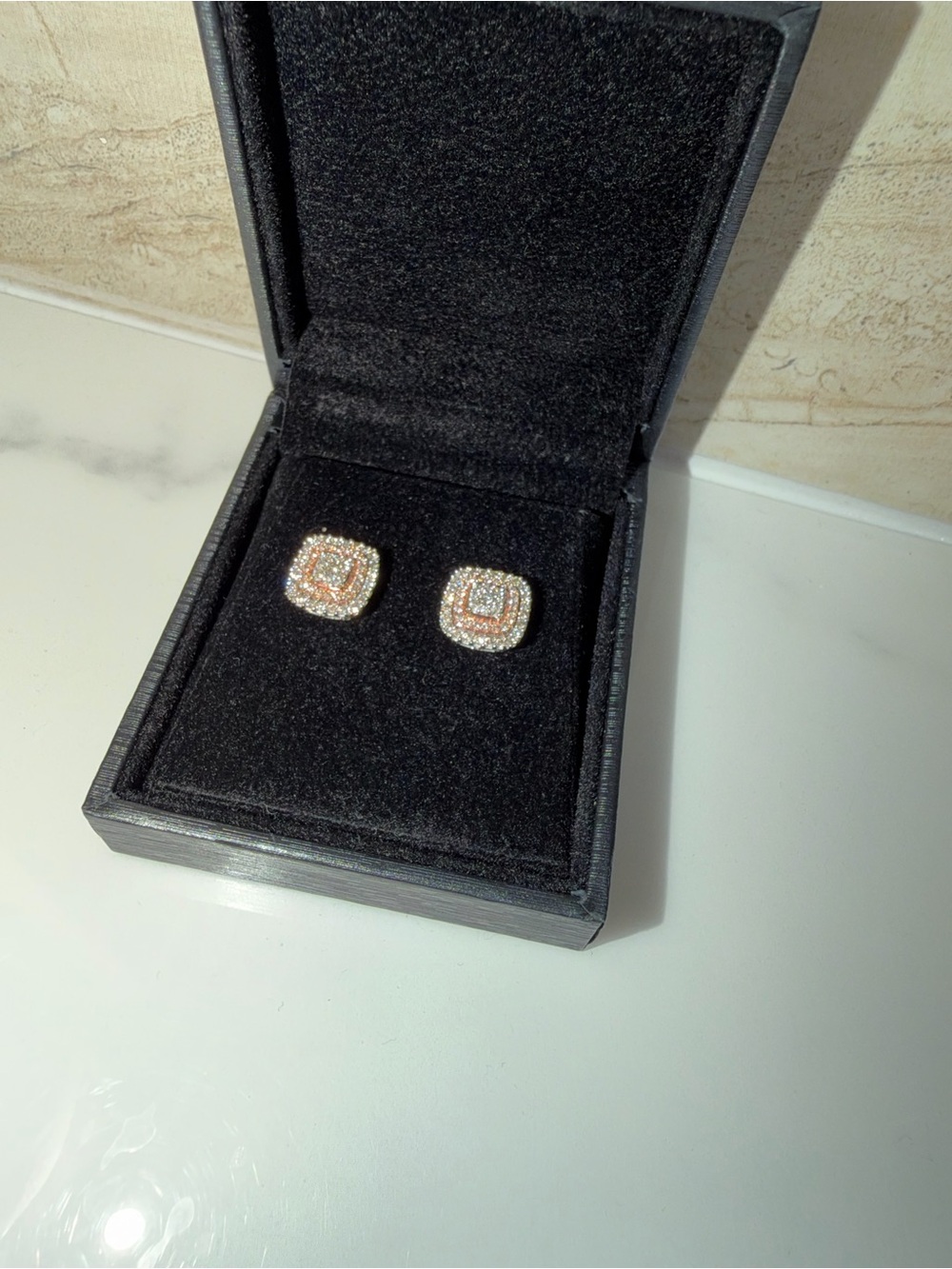 Rose Gold and White CZ Square Halo Stud Earrings